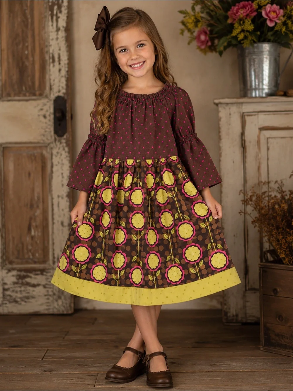 Lollipop Moonkey Girls 5 Retro Floral Polka Dot Dress 100% Cotton Boho Prairie